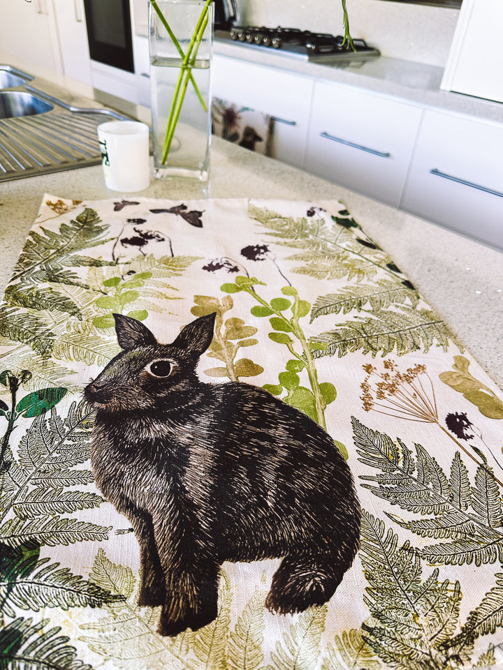 ECO Tea Towel Enchanted Outback Bunny Design.