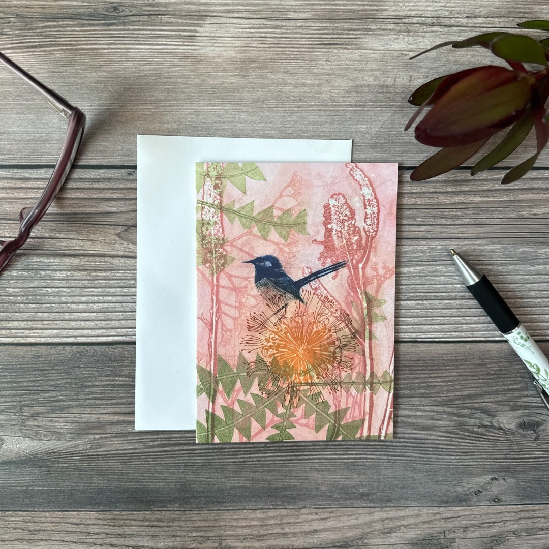 Greeting Card Blue Wren in a Pink Garden
