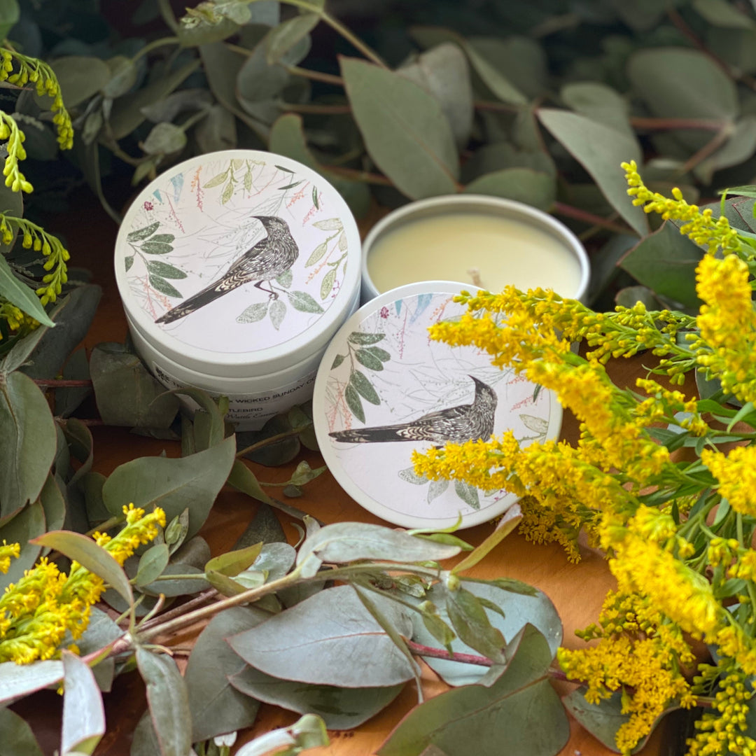 Golden Wattle with Wattlebird Design Candles.