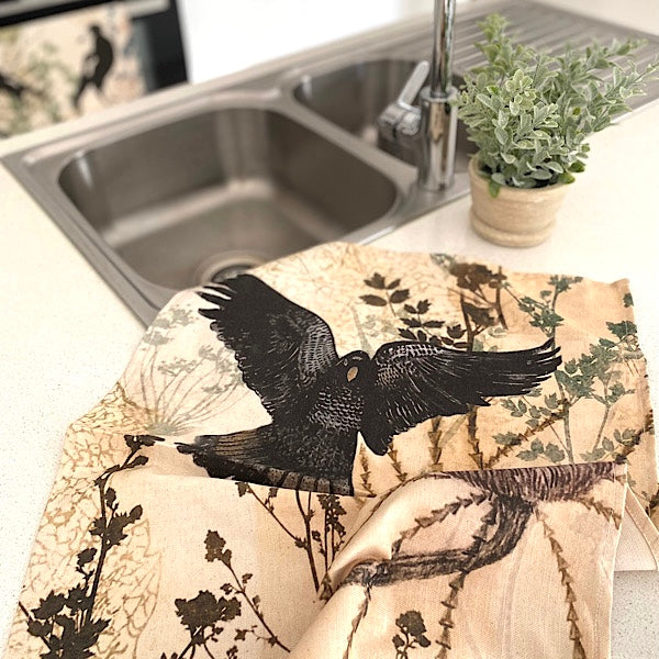 ECO Tea Towel Black Cockatoo & Banksia Design.